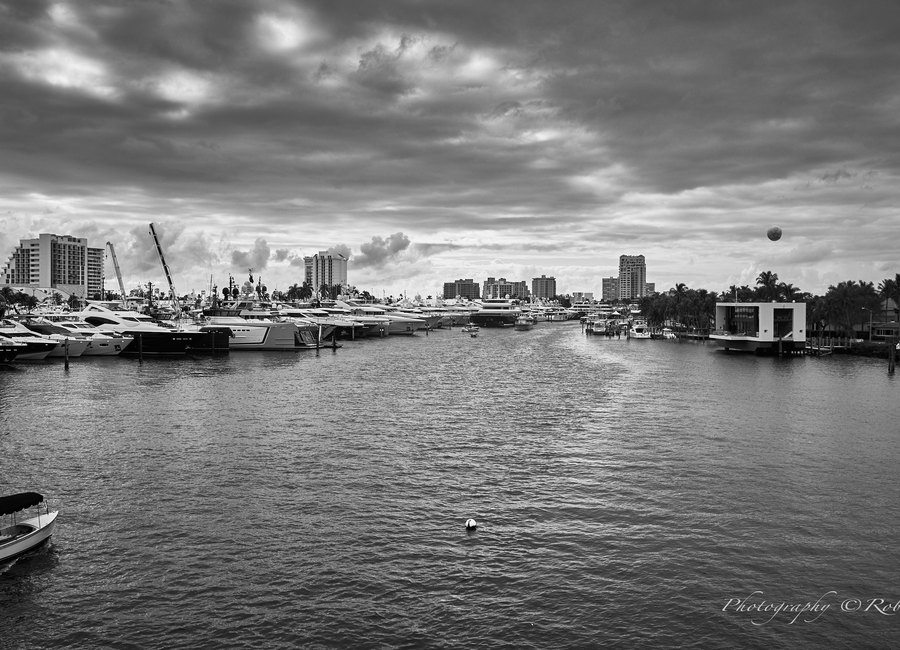 Black and white boat show photograph